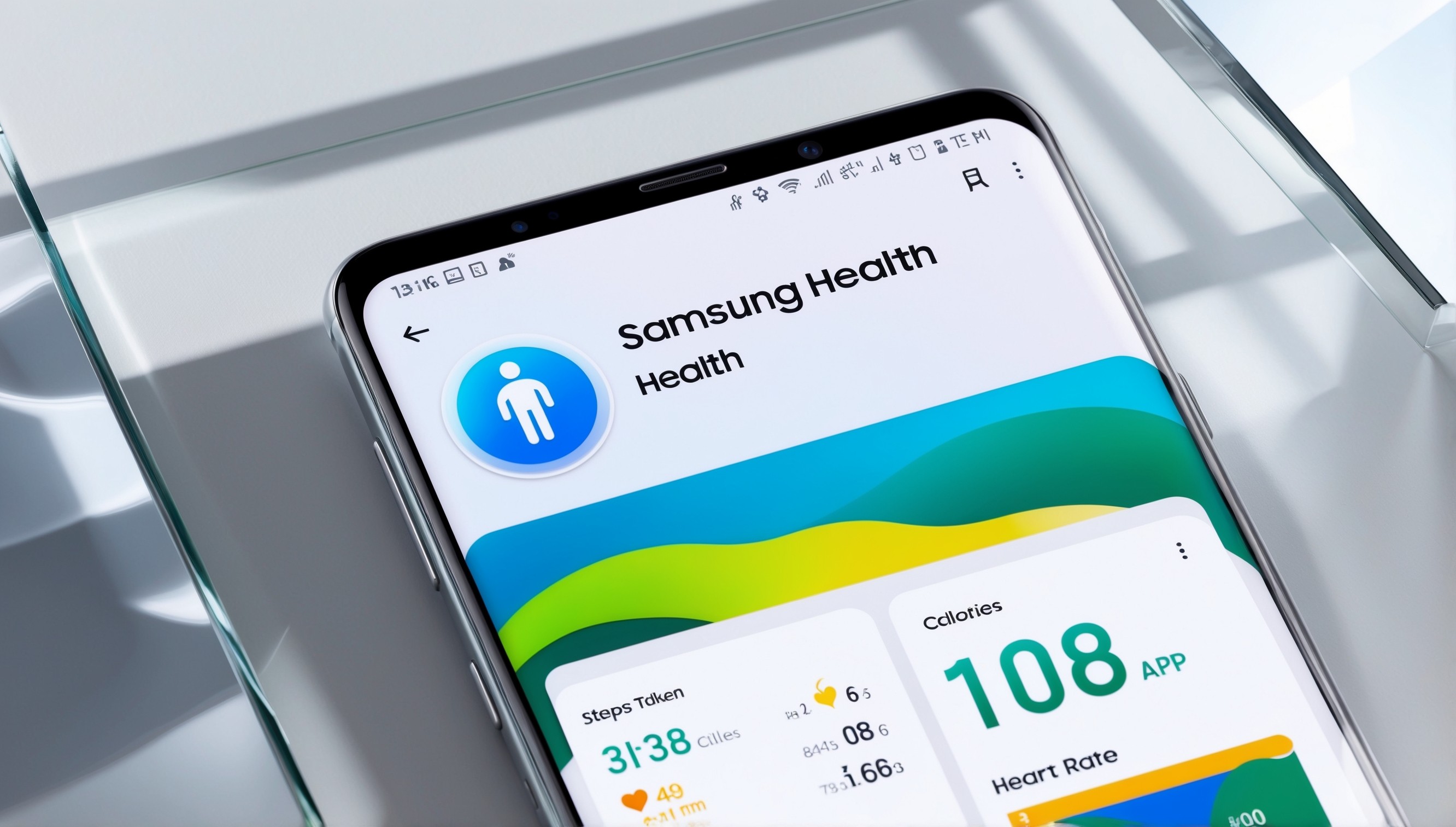 A modern, sleek mobile phone screen displaying the Samsung Health app, with a clean and minimalistic white background, subtle shadows, and a slight glass-like reflection to convey a sense of digital interface, featuring a prominent blue icon of a stylized human figure surrounded by a circle, accompanied by the app's name in bold, sans-serif font, with a subtle gradient effect, on top of a dashboard showcasing various health and fitness metrics, including steps taken, calories burned, and heart rate, presented in a visually appealing and easy-to-read format, with vibrant colors such as bright blue, green, and yellow, and a hint of subtle animations to suggest interactivity and responsiveness.