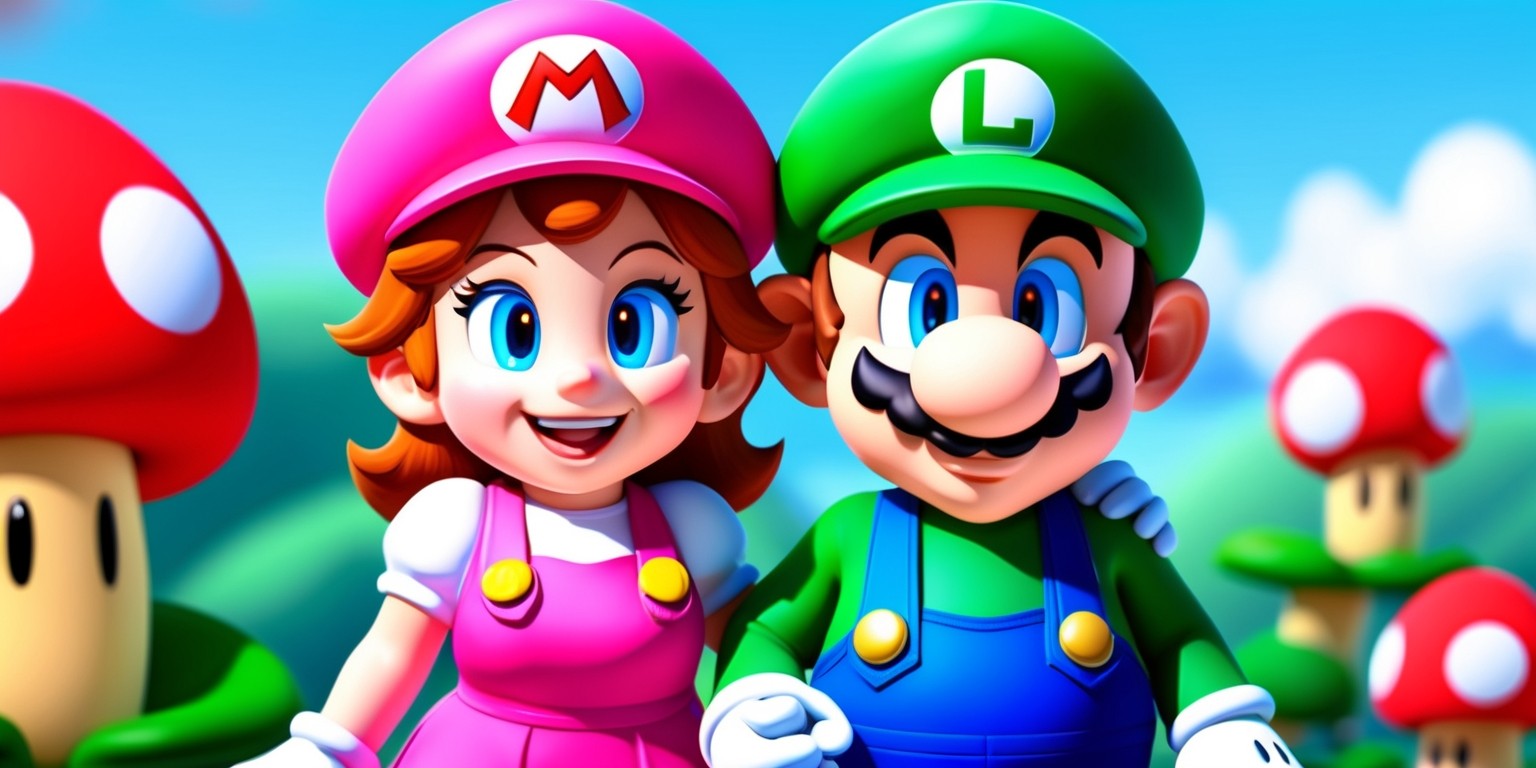 A colorful digital illustration of Mario brothers, Maria and Luigi, standing side by side, showcasing their strong bond and brotherly camaraderie in a whimsical fantasy setting. Maria, dressed in a bright pink overalls and a matching cap, has a warm smile and bright blue eyes, her skin tone a healthy, rosy glow. Luigi, donning his iconic green overalls and cap, has a more reserved expression, his eyes a deep brown, and his skin a slightly paler tone. The brothers are surrounded by lush greenery, with subtle hints of mushrooms and question mark blocks in the background, all rendered in a vibrant, playful style reminiscent of classic video games. The overall mood is lighthearted and joyful, with a sense of adventure and exploration.