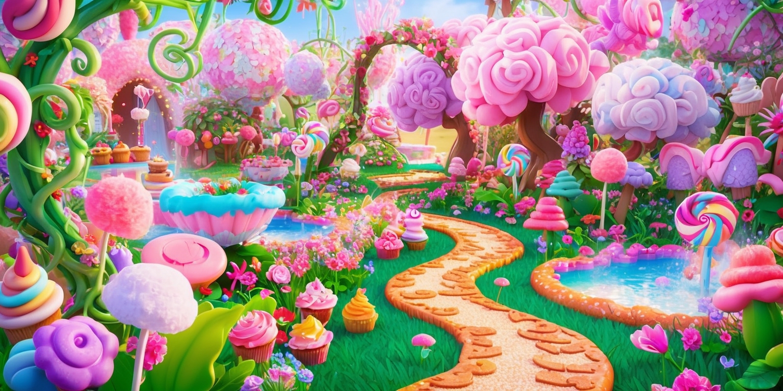 A whimsical digital garden scene set in a vibrant, dreamy Candy Blossom world, where colorful flowers and luscious greenery are infused with sweet treats like cupcakes, lollipops, and gummies, transporting players into a sugary wonderland. The garden is filled with intricately designed, swirling vines and pastel-hued blooms that resemble cotton candy, surrounded by sparkling water features and winding pathways made of gingerbread-like stones. Delicate, shimmering petals and leaves catch the soft, warm light, giving the scene an airy, ethereal quality. The overall aesthetic is playful, fantastical, and inviting, perfect for a digital gardening game where players can nurture and explore this confectionary world.