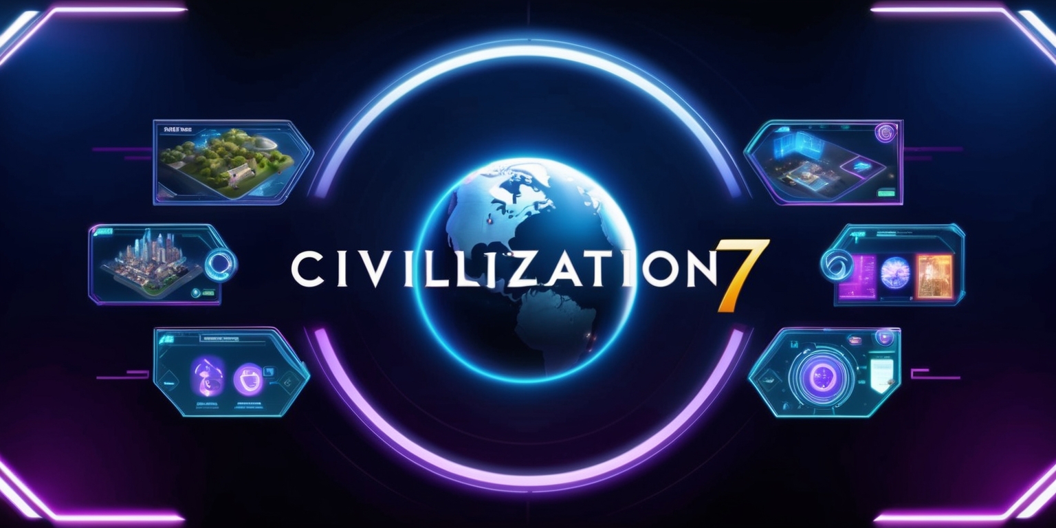 A futuristic, high-tech interface displaying the logo of Civilization 7, a upcoming turn-based strategy video game, set against a dark blue and purple gradient background with neon accents, featuring a 3D globe in the center with various icons and buttons scattered around, showcasing different aspects of the game such as city-building, warfare, and diplomacy, with subtle glow effects and animations, rendered in a stylized, sleek, and modern sci-fi aesthetic, with clean lines,sharp edges and vibrant colors.