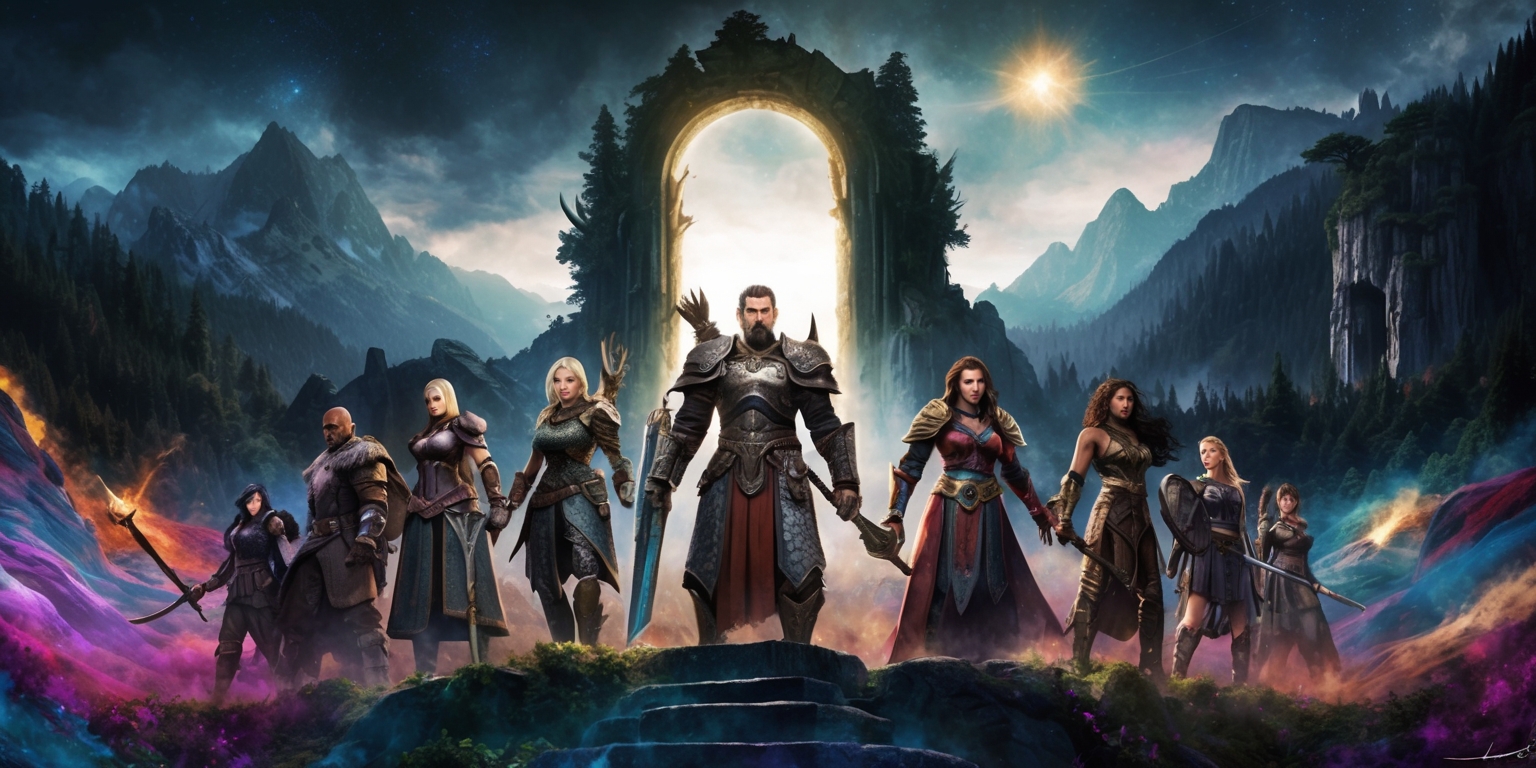 A sweeping, epic fantasy landscape depicting the realm of Oblivion, with a group of brave adventurers standing at the edge of a mystical portal, ready to embark on a perilous quest, set against a backdrop of towering mountains, dark forests, and ancient ruins, with a faint glow of celestial bodies illuminating the darkening sky, the air thick with magical energies and whispers of an ancient prophecy, the characters adorned in intricately designed armor, wielding enchanted weapons, and exhibiting determined expressions, with varying skin tones and unique facial features, amidst a sea of vibrant colors, with bold brushstrokes and textures, blending digital and traditional media, evoking a sense of mysticism and foreboding.