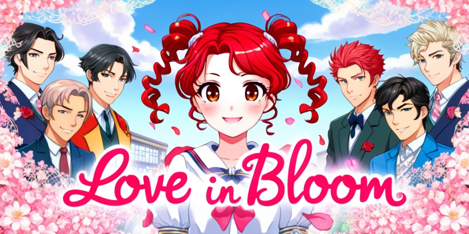 A vibrant, digitally illustrated key visual for an anime dating sim game, featuring a stunning Japanese high school girl with porcelain skin, crimson hair styled in curly twin tails, and bright, expressive brown eyes, adorned with a sweet smile, set against a soft, gradient blue sky with puffy white clouds, surrounded by cherry blossom petals and delicate, lace-like foliage, with the game's title Love in Bloom written in bold, cursive, pastel pink Kanji characters, accompanied by five handsome, uniquely styled male suitors, each with distinct facial features, skin tones, and fashion senses, arranged in a circular formation around the protagonist, with subtle, intricate background details, such as school buildings, flower-patterned fabrics, and Japanese-inspired architecture, all blending together in a whimsical, romantic atmosphere.