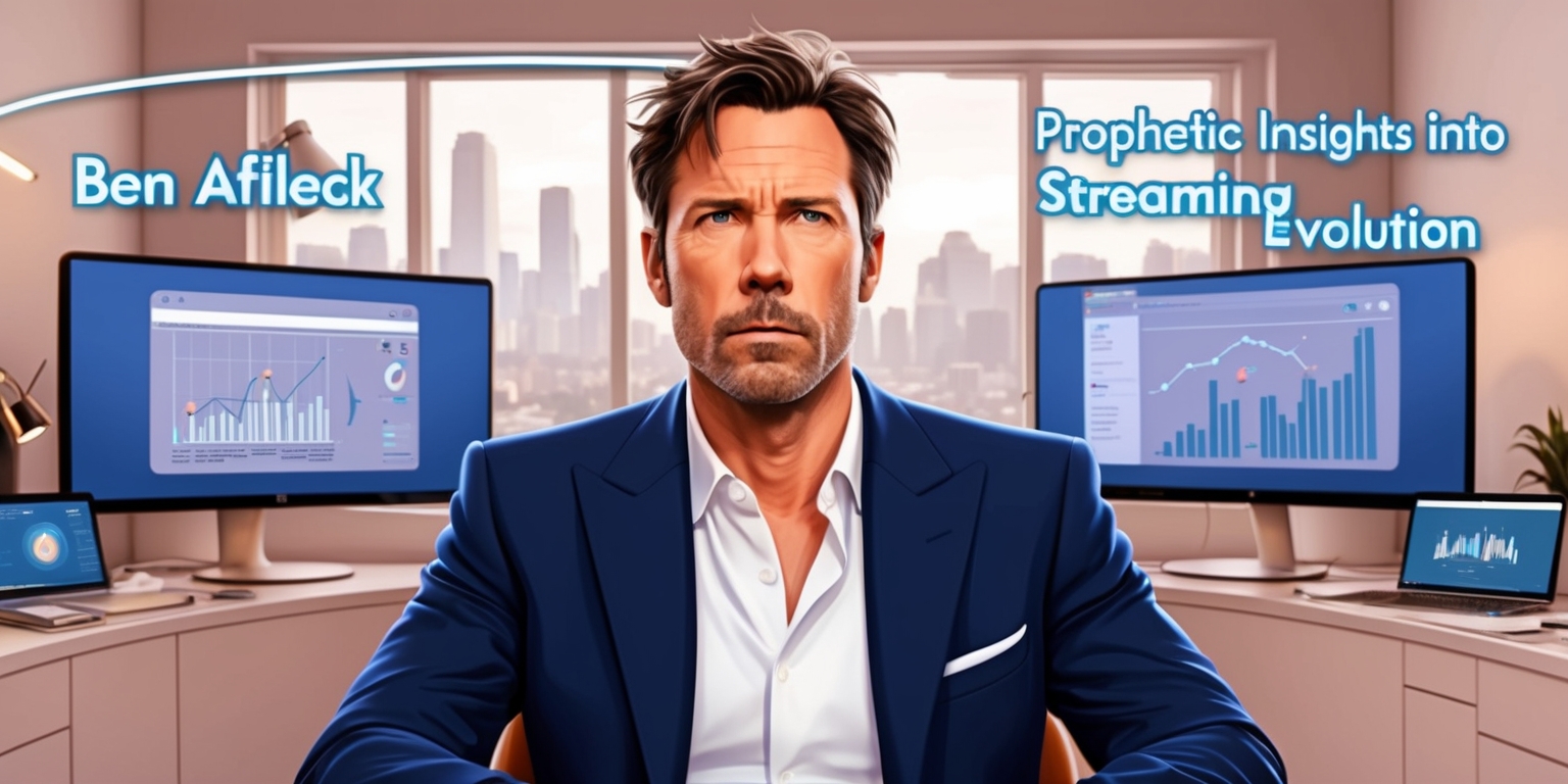 A digital illustration of Ben Affleck, dressed in a modern, sleek outfit, perhaps a navy blue blazer and white shirt, sitting in a cozy, minimalist studio with a cityscape visible through the window behind him, surrounded by various devices and screens displaying graphs, charts, and interfaces related to streaming services, with a futuristic, high-tech atmosphere, his facial expression conveying thoughtfulness and insight, his eyes gazing intensely into the distance, his hair slightly messy, his skin with a warm, golden undertone, a hint of stubble framing his determined jawline, the overall mood evoking a sense of innovation and forward-thinking, with bold, vibrant colors and crisp lines, the text Prophetic Insights into Streaming Evolution written in a modern, sans-serif font, possibly in a curved line above or around Ben Affleck's head, with the words Streaming Evolution in a slightly larger size and brighter color to emphasize the main topic.