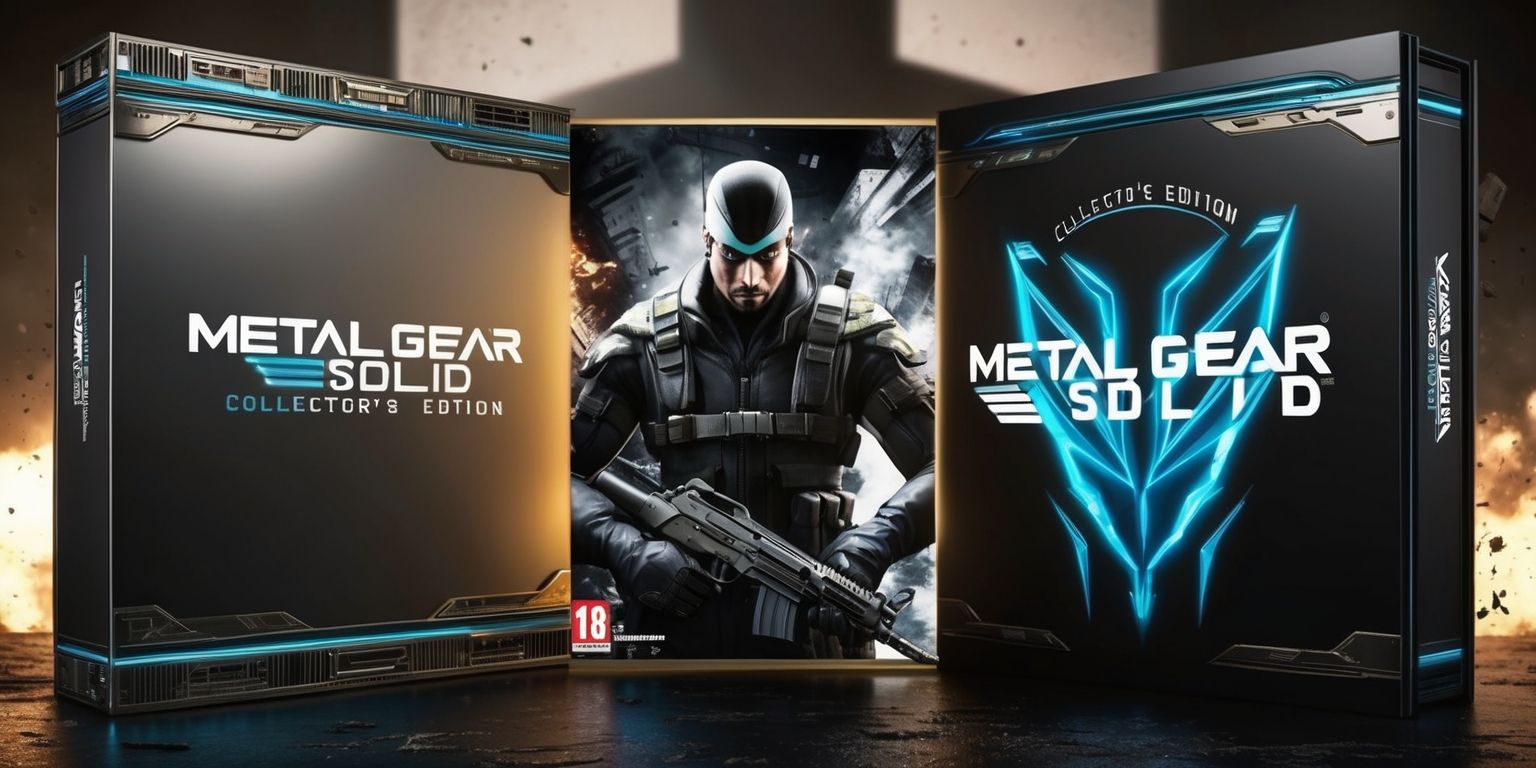 A detailed image of the Metal Gear Solid Collector's Edition game, showcasing the outer packaging with a sleek metallic finish, adorned with vibrant colors and intricate design elements, including the iconic Metal GearSolid logo in bold, silver lettering, with a subtle gradient effect, against a dark grey background, featuring a prominent image of the protagonist Solid Snake, with a determined expression, wearing his signature stealth suit, with a gun in hand, set amidst a chaotic backdrop of explosions and destruction, with the game's title in a stylized, futuristic font, in a bright, electric blue hue, with the collector's edition tagline written in a curved line above the title, in a smaller, yet equally stylish font, with the entire scene illuminated by a soft, golden light, highlighting the textures and details of the packaging, with a shallow depth of field, blurring the surrounding environment, and drawing focus to the game itself.