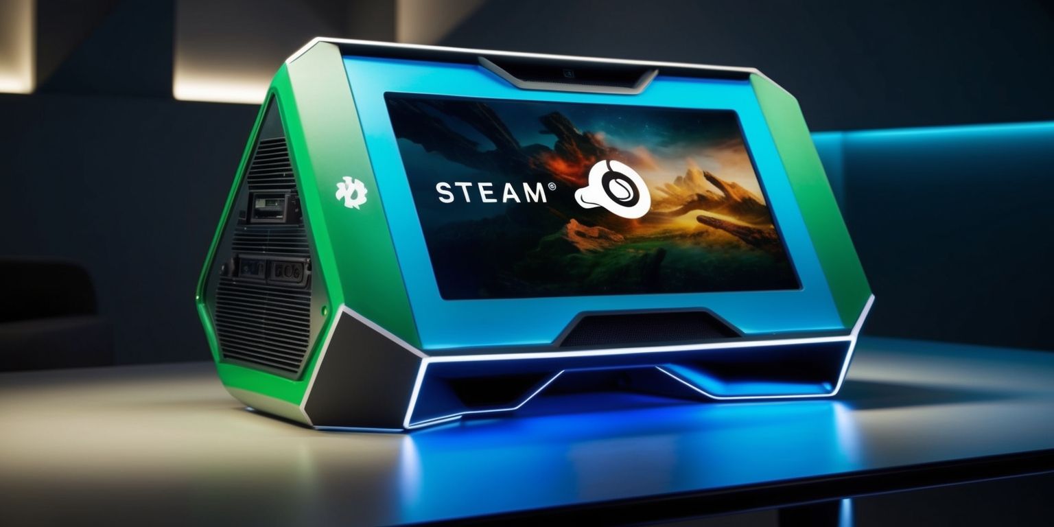 A sleek Steam Frame gaming device sits on a modern desk, its futuristic design showcasing a vibrant color scheme with hues of blue and green, the device's body made of a sturdy metallic material with a smooth finish, the Steam logo prominently displayed in white, with a high-resolution screen displaying a visually stunning game scene, the surrounding environment is a dimly lit room with subtle ambient lighting, the device's vents and ports are neatly arranged, and the overall aesthetic exudes a sense of cutting-edge technology and innovative design, with the Steam Frame's angular lines and sharp edges creating a striking visual contrast against the softer, more muted tones of the background.