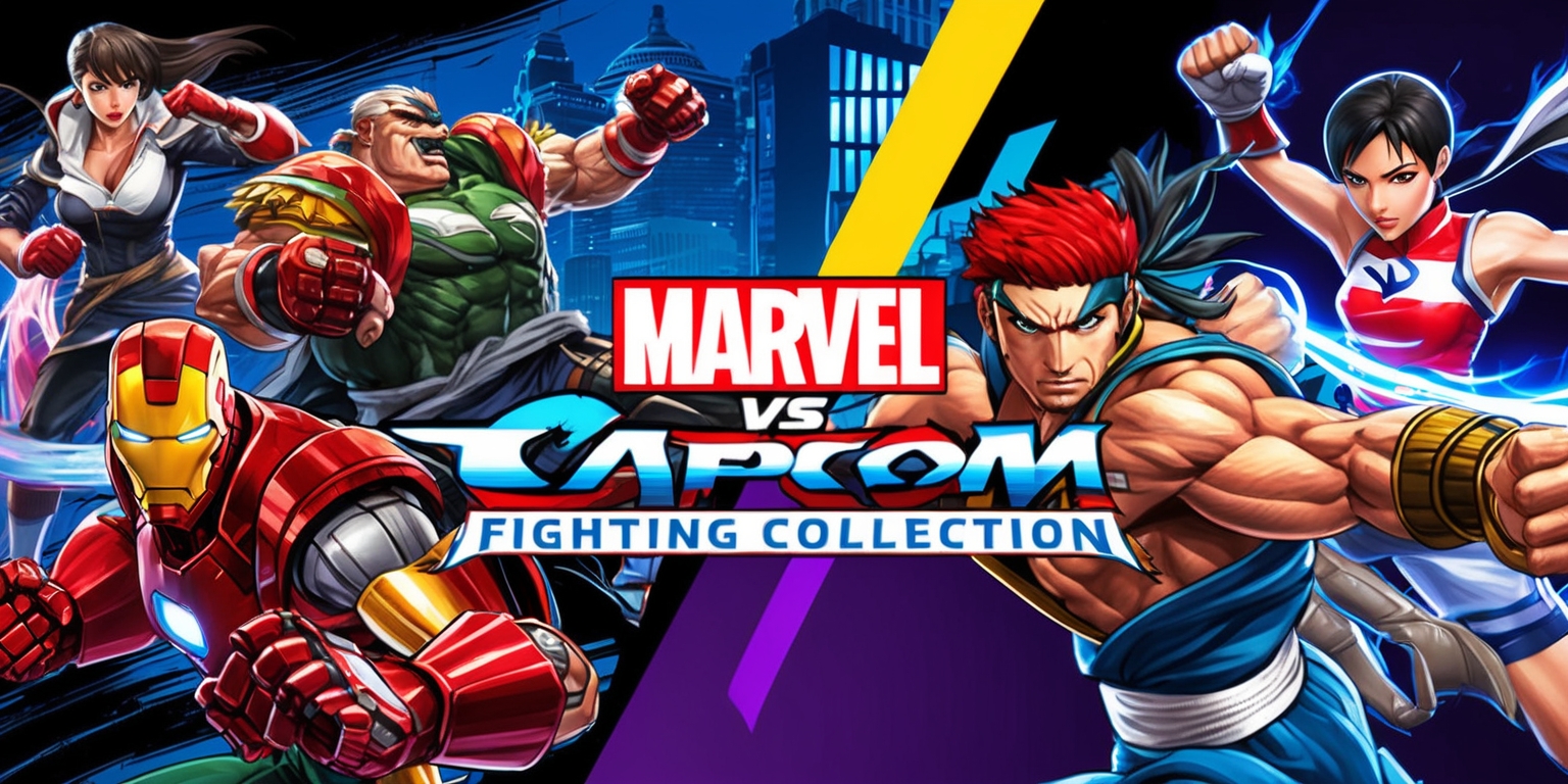 A colorful digital illustration featuring the Marvel vs. Capcom Fighting Collection game, showcasing iconic characters from both universes in a dynamic and action-packed composition, with bold lines, vibrant colors, and energetic textures, blurring the line between comic book art and video game aesthetic, set against a dark blue or purple background with subtle hints of cityscape or arena elements, highlighting the contrast between the heroes and villains, with a mix of organic and metallic materials, and intricate details on the characters' costumes and abilities, such as Iron Man's armor, Ryu's ki aura, or Chun-Li's lightning-fast kicks, with a hint of competitiveness and intensity in the atmosphere, as if the fight is about to begin, incorporating subtle hints of the game's UI elements, such as health bars, power meters, or special move icons, in a stylized, exaggerated, and highly detailed manner, emphasizing the excitement and energy of the ultimate crossover fighting experience.