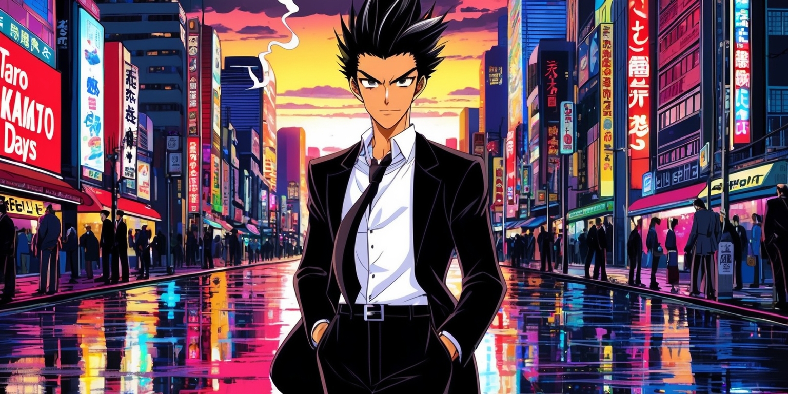 A vibrant and stylized anime illustration of Sakamoto Days, featuring the titular character Taro Sakamoto, a former yakuza member turned convenience store owner, standing confidently in front of a colorful Tokyo cityscape at sunset, with neon lights and billboards reflecting off the wet pavement, surrounded by bustling streets and towering skyscrapers, his sharp jawline and piercing eyes exuding an air of coolness, wearing a sleek black suit, white dress shirt, and a loose tie, with a hint of a smirk on his face, his short, spiky black hair gelled to perfection, as he holds a lit cigarette in his right hand, with a few wisps of smoke curling upwards, conveying a sense of mystery and charisma, with bold lines, vibrant colors, and detailed textures, blending traditional and digital media in a dynamic composition.