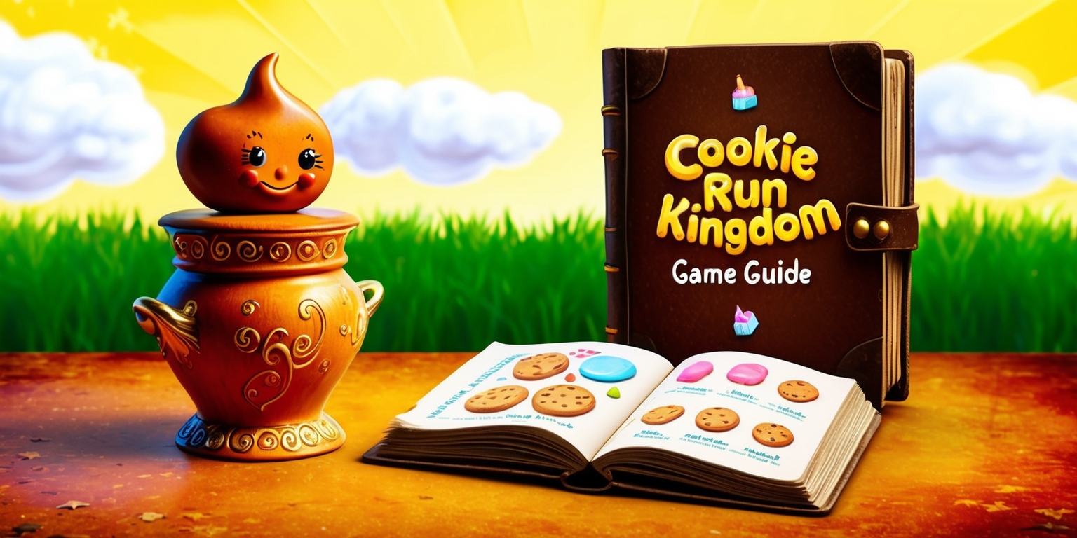 A vibrant, whimsical illustration of a Cookie Run Kingdom game guide, featuring a bright, sunny background with fluffy white clouds and lush green grass, set against a warm, golden-brown wooden desk with a rustic, aged effect. In the center, a worn, leather-bound book lies open, its pages dog-eared and creased, with colorful, swirling patterns and diagrams of cookies, icing, and other whimsical elements. To the left, a delicate, porcelain-like figurine of a cheerful cookie character, with bright, shiny eyes and a warm, golden-brown complexion, sits atop a intricately carved, wooden cookie jar adorned with ornate, swirling patterns and a delicate, golden handle. The guide's title, Cookie Run Kingdom, is emblazoned in bold, curly, golden font across the top of the book, surrounded by tiny, colorful cookie icons and sprinkles. The overall aesthetic is playful, inviting, and sugary sweet, with a mix of modern digital elements and nostalgic, vintage flair.