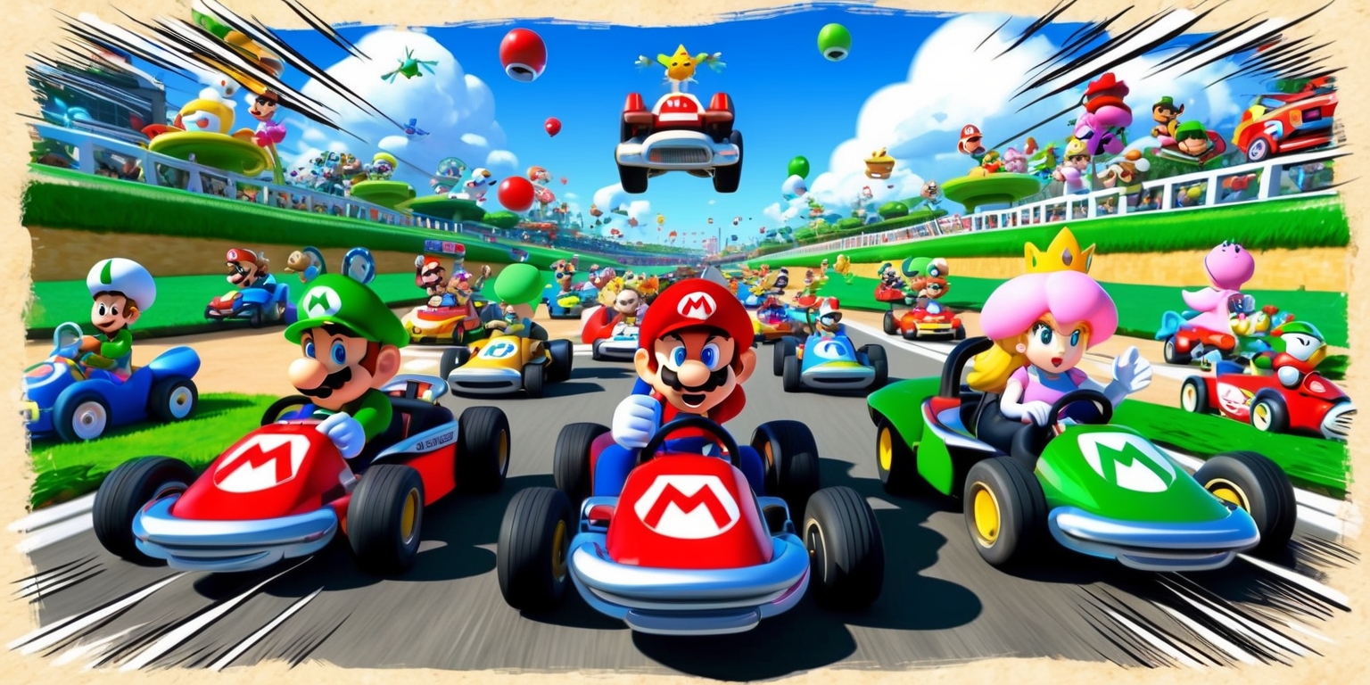 A vibrant, whimsical illustration of the Mario Kart World, depicting a bustling racetrack filled with iconic characters from the beloved video game series, including Mario, Luigi, Princess Peach, and Toad, racing in their colorful karts, surrounded by lush green grass, blue skies, and fluffy white clouds, with detailed textures and subtle shadows, blending digital and hand-drawn elements, reminiscent of a playful, action-packed comic book panel, set against a warm, sunny backdrop, with bold lines, expressive facial features, and dynamic energy, capturing the excitement and joy of Mario Kart's fast-paced racing action.