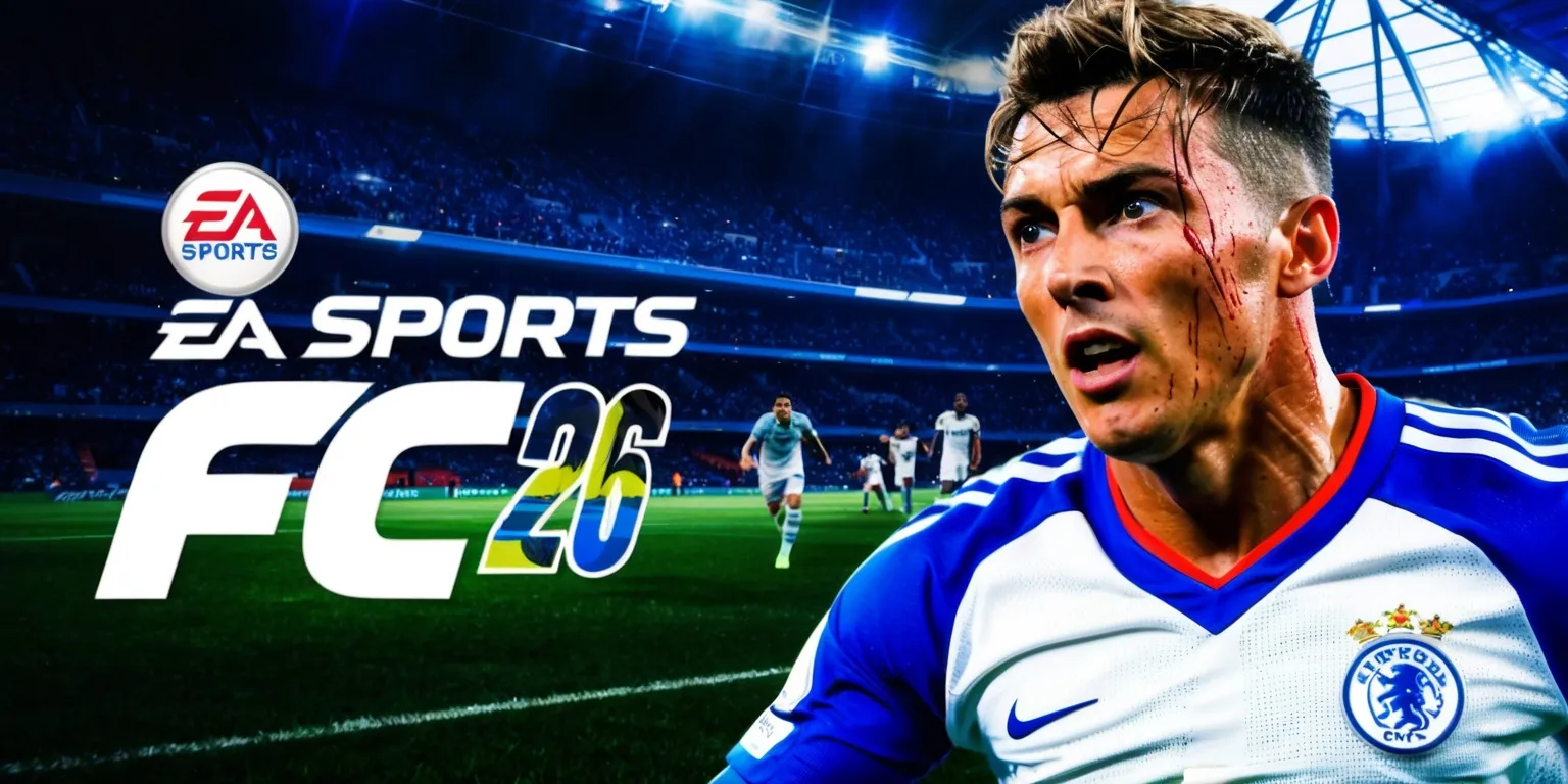A high-energy video game cover art for EA Sports FC 26, featuring a dramatic soccer stadium in the background with vibrant green grass and a massive crowd of spectators, while in the foreground, a close-up of a soccer player in mid-action, wearing a bright white and blue jersey with the EA Sports FC 26 logo prominently displayed on the chest, the player has a determined expression on their face with sweat dripping down their skin, their eyes focused intently on the ball, the overall color palette is a mix of deep blues and whites, with bold typography used for the game title EA Sports FC 26 in a modern, sleek font style, the layout is dynamic and action-packed, with the player and stadium blended together to create a sense of movement and excitement.