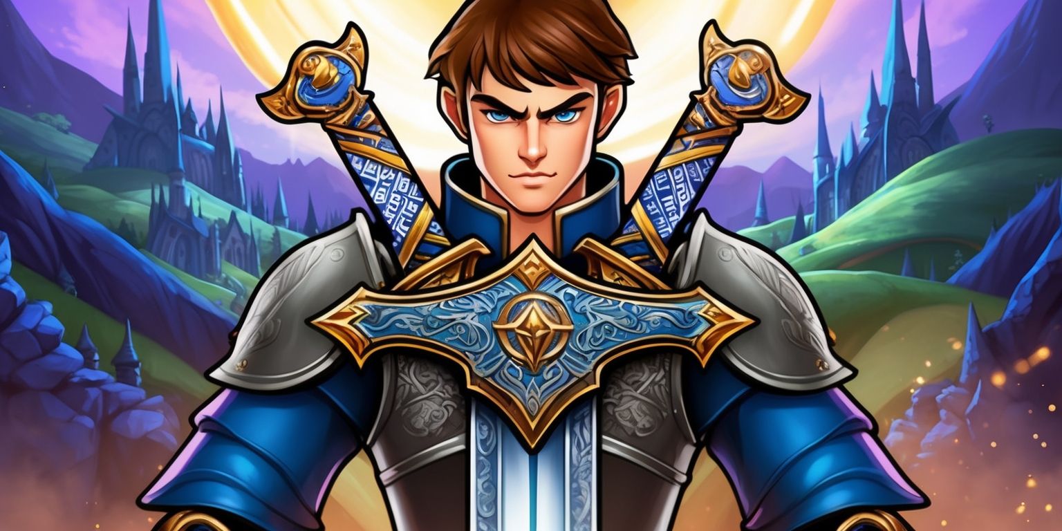 A fantasy illustration of the Eternal Sword Pact game, with a majestic sword at its center, adorned with intricate engravings and glowing runes, set against a backdrop of a mystical realm with rolling hills and towering spires, the color palette is a mix of deep blues and purples, with hints of golden light, the sword is held by a heroic figure with strong facial features, short brown hair, and piercing blue eyes, wearing a suit of armor with a silver crest on the chest, the overall style is reminiscent of traditional fantasy art with bold lines and vibrant colors, the layout is dynamic with the sword and hero at the forefront, and the mystical realm fading into the distance.