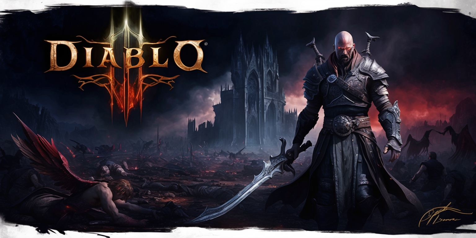 A dark fantasy scene depicting the gritty world of Diablo 4, with a ominous gothic castle in the background, set against a darkened sky with hints of crimson and purple, the landscape is littered with the remnants of a battle between angels and demons, a lone figure of a rugged warrior stands in the foreground, armored in dark leather and metal, wielding a menacing sword, with a determined look on their face, their skin weathered from years of combat, the warrior's eyes glow with an otherworldly energy, as they gaze out upon the ravaged landscape, the Diablo 4 logo emblazoned in bold, gothic letters at the top of the image, with a subtle glow effect, the overall style is reminiscent of a dark, haunting oil painting, with bold brushstrokes and vivid, yet muted colors.