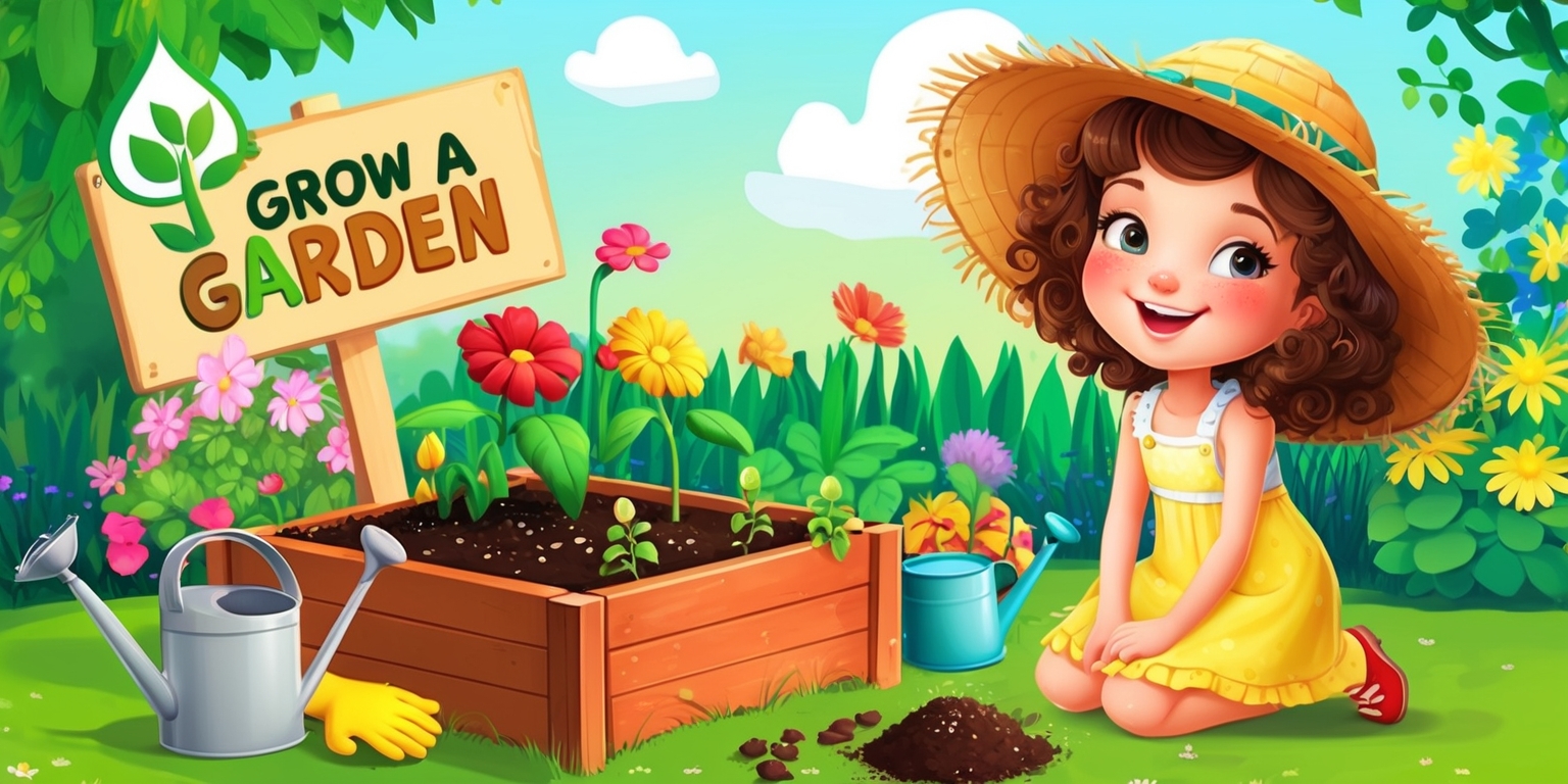A colorful illustration of a whimsical garden scene with vibrant flowers, lush greenery, and various garden tools, set against a warm sunny background with fluffy white clouds, featuring a beautiful young girl with bright smile, rosy cheeks, and curly brown hair, wearing a yellow sundress and a wide-brimmed straw hat, kneeling beside a wooden planter box filled with soil and seeds, with a few sprouts and blooming flowers, surrounded by gardening gloves, a watering can, and a sign that reads Grow a Garden in bold, playful letters, with the game's logo, a stylized cartoon seedling, prominently displayed in the top left corner of the image.