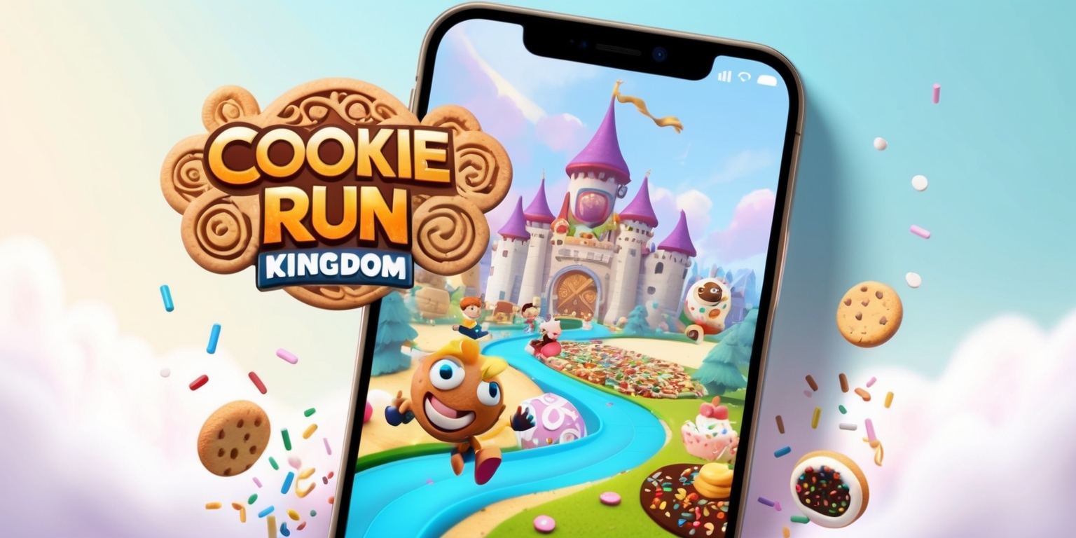 A vibrant, colorful digital illustration of the Cookie Run: Kingdom mobile app, showcasing its whimsical characters and fantastical kingdom on a sleek, modern smartphone screen with a glossy finish, set against a soft, creamy white background that subtly gradient-shifts to a gentle blue towards the top, evoking a sense of playfulness and wonder, with the app's logo prominently displayed at the top of the screen in bold, golden font with intricate, swirling patterns, surrounded by sprinkles and other sweet treats, while the characters, such as GingerBrave and Hollyberry, are displayed in various poses and scenarios throughout the kingdom, showcasing their unique designs and personalities, with intricate details and textures that bring the world to life.