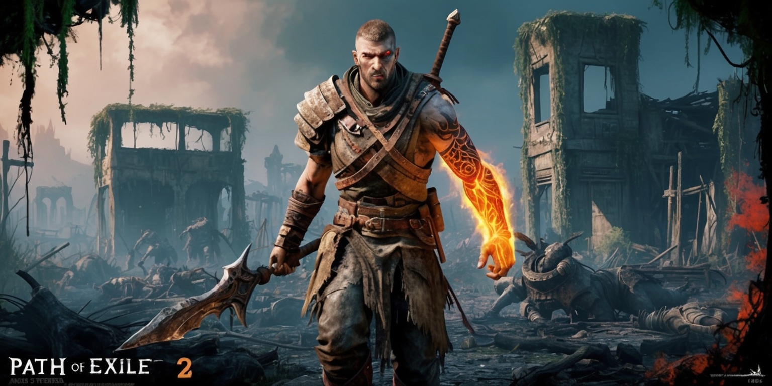 A dark fantasy action role-playing game scene depicting the grim world of Path of Exile 2, set in a desolate, post-apocalyptic environment with ruined buildings, overgrown with vines and moss, and a foreboding atmosphere of dread. In the foreground, a lone exile, a weathered and worn traveler, stands victorious amidst the carnage, clad in tattered and worn armor, with a glowing aura surrounding their weapon, their determined facial expression a testament to their unyielding resolve. The exile's skin has a weathered, sun-kissed tone, with a scar above their left eyebrow and a distinctive, intricate tattoo on their right shoulder. The background is a deep, ominous shade of indigo, with hints of crimson and orange, evoking a sense of foreboding and danger. The overall style is a mix of dark, gothic fantasy and gritty realism, with bold lines, rich textures, and vibrant, muted colors.