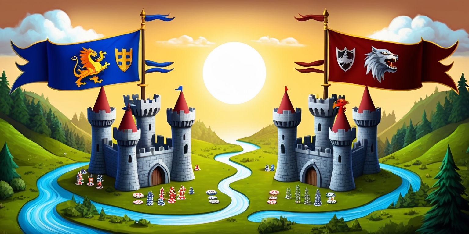 A medieval-themed fantasy illustration of Castle Duels, a strategic board game, set against a warm, golden sunset backdrop with fluffy white clouds, featuring two opposing kingdoms' castles in the foreground, one with a regal blue banner adorned with a golden dragon emblem, and the other with a dark red banner emblazoned with a silverwolf crest, surrounded by lush green forests, rolling hills, and a meandering river, with chess-like game pieces and cards scattered around the bases of the castles, highlighting the game's blend of magic, strategy, and adventure, with intricate stone walls, towers, and battlements, and a sense of epic struggle and competition, with bold lines, vibrant colors, and dramatic lighting, evoking a sense of excitement and wonder.