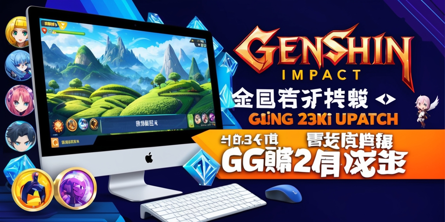 A vibrant digital illustration of a Genshin Impact game update patch on a computer screen, with colorful icons and characters from the game, set against a dark blue background, featuring a large screenshot of the game's fantasy world with rolling hills and towering mountains, along with bold white and orange text highlighting the update's key features and patch notes, including font styles resembling a mix of traditional Chinese and modern gaming aesthetics, with a few characters such as Diluc and Kaeya visible in the background, and the game's logo prominently displayed at the top of the screen in a golden font with a red outline.