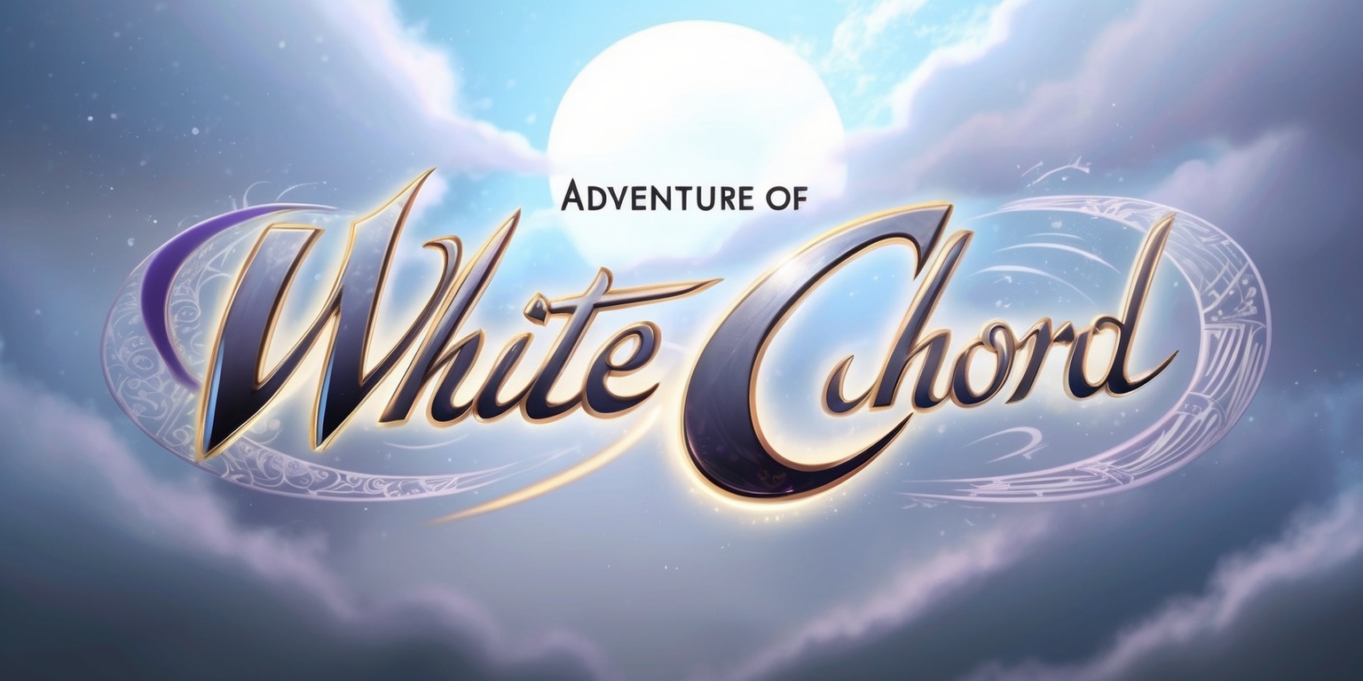 A vibrant, fantasy-inspired video game illustration featuring the title Adventure of White Chord in bold, curved silver letters with a subtle glow, set against a misty, moonlit sky with wispy clouds and a faint, shimmering aura, evoking a sense of mystery and wonder, the words White Chord in a flowing, cursive font with a soft, golden luminance, as if illuminated by an otherworldly force, surrounded by delicate, intricate etchings resembling ancient runes or musical notes, in shades of pale blue, purple, and silver, with subtle texture and depth, conveying a sense of enchanting adventure and magical discovery.